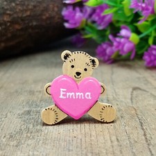 Name Badge Handmade Customised Pin Personalised Teddy Bear Pink Heart Brooch