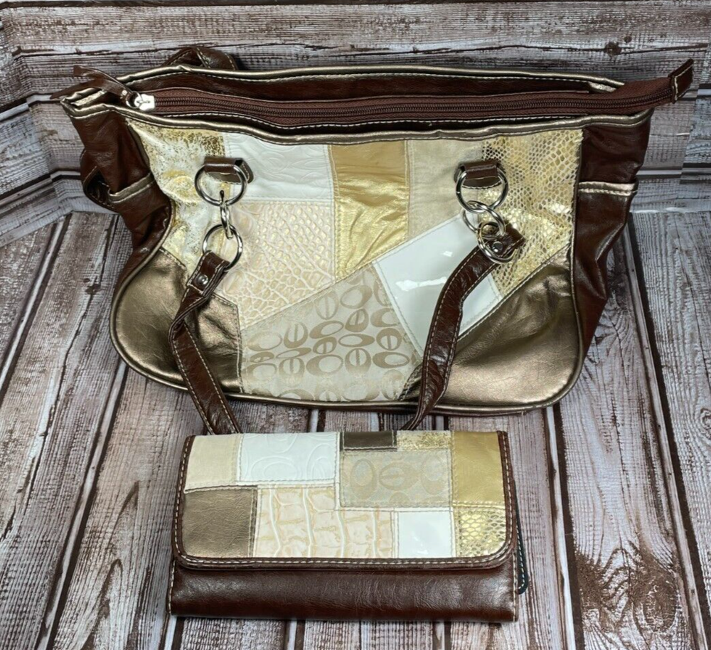 UNBRANDED Women's Brown Beige Medium Sized Purse Shoulder Bag Maching Wallet EUC