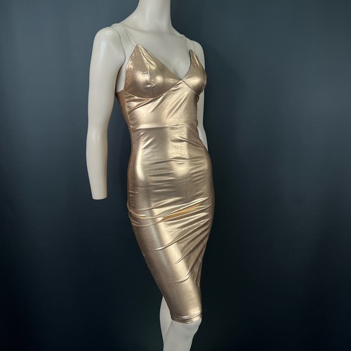 Club L Dress 8 Womens Metallic Gold Foil Strappy Fitted Knee Length Stretchy - Picture 2 of 11