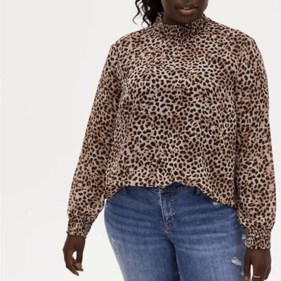 Torrid Womens Sheer Cheetah Print Top Sz 1X Smocked Long Sleeve Safari Mob Wife