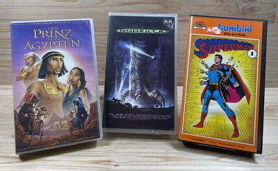 3 VHS Kassetten   GODZILLA (1998) + SUPERMAN 1 (Bambini) + DER PRINZ VON ÄGYPTEN