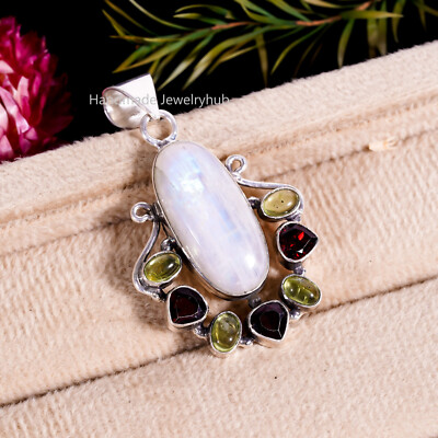 Garnet Peridot Moonstone Vintage 925 Sterling Moonstone Green