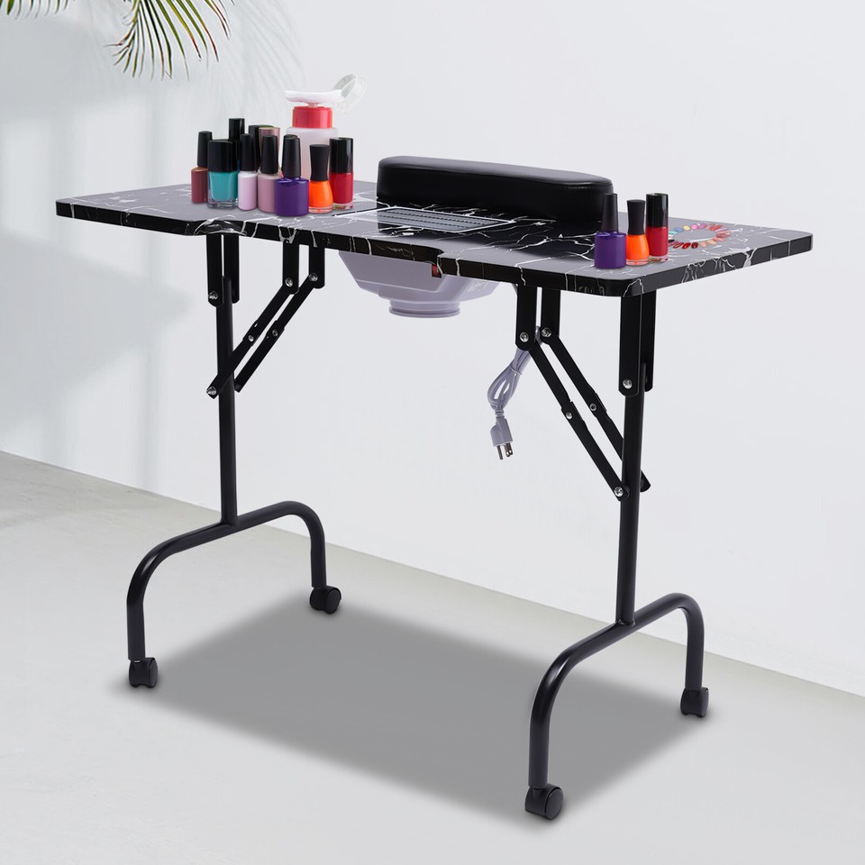 Marbled Black Manicure Nail Table Portable Station Desk Beauty Salon