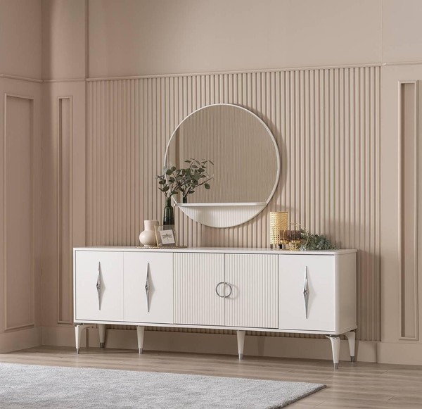 Sideboard Anrichte Mit Spiegel Gruppe Kommode Holz Weiß Esszimmer-image