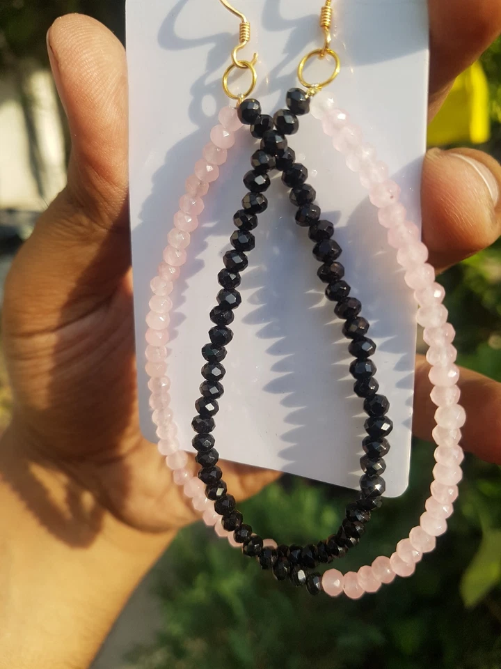 Quarzo rosa e onice pietra preziosa pendente argento sterling 925 orecchino... - Immagine 2 di 4