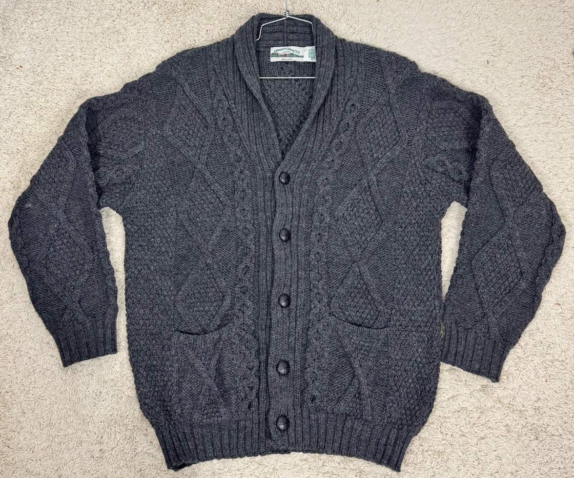 Aran Crafts Men’s Merino Wool Cableknit Cardigan Sweater Shawl Collar Size L