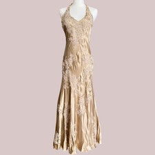 VTG Sue Wong Nocturne Beaded Silk Champagne Gold Halter Evening Gown Bias Cut