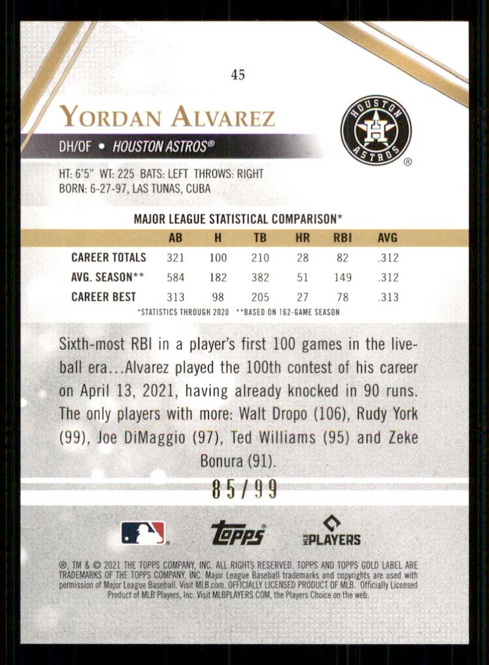 2021 Topps Gold Label Class 1 Purple #45 Yordan Alvarez /99 - Image 2 of 2