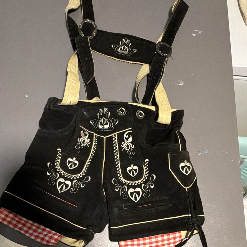 Men's Black Leather Lederhosen Shorts with Suspenders, Size XS