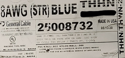 General Cable #8awg 19 Stranded THHN/THWN-2/MTW Building Wire Cable Blue /50ft