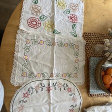 Vintage French Hand Embroidered Linen  Dressing Table Dollies with Floral Design