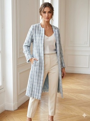New Hayden Blue/White Plaid Open Front Fringe Lined Long Overcoat Women S