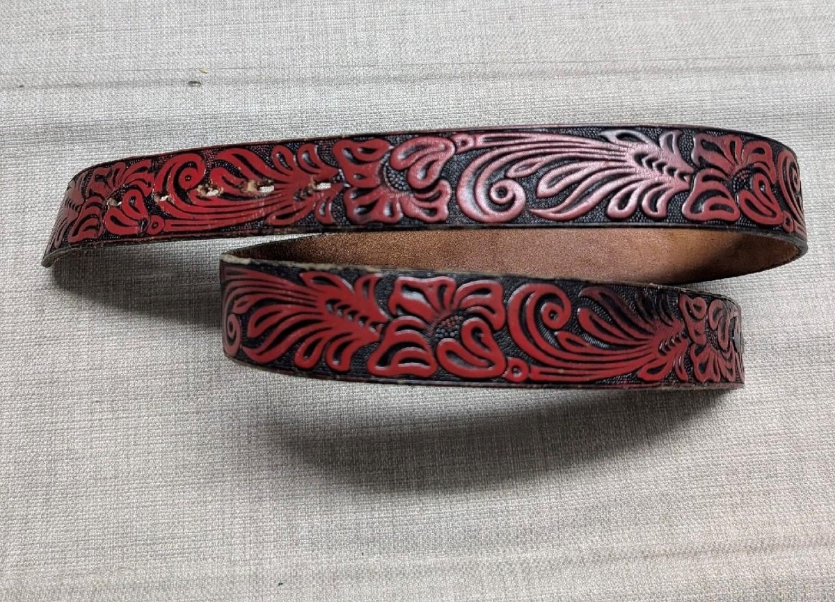 vintage TOOLED buckle belt WESTERN cowhide leather 34 red  display picture 2