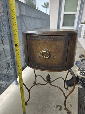 Vintage End Table with Embossed Leather Like Texture and Leaf Detailing Brown