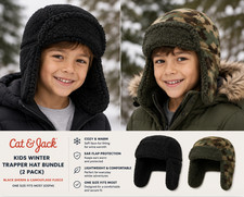 Cat & Jack Kids Winter Hat Fleece Trapper Hat Ear Flap Black & Camo (2 PACK)