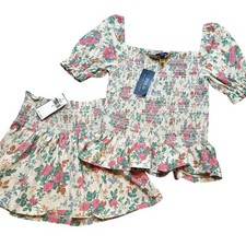New Polo Ralph Lauren Girls Floral Smocked Peplum Top Matching Skirt Set sz L