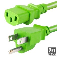 5x 2FT 18AWG Power Cord Cable NEMA 5-15P Male to IEC 60320 C13 Female 10A Green