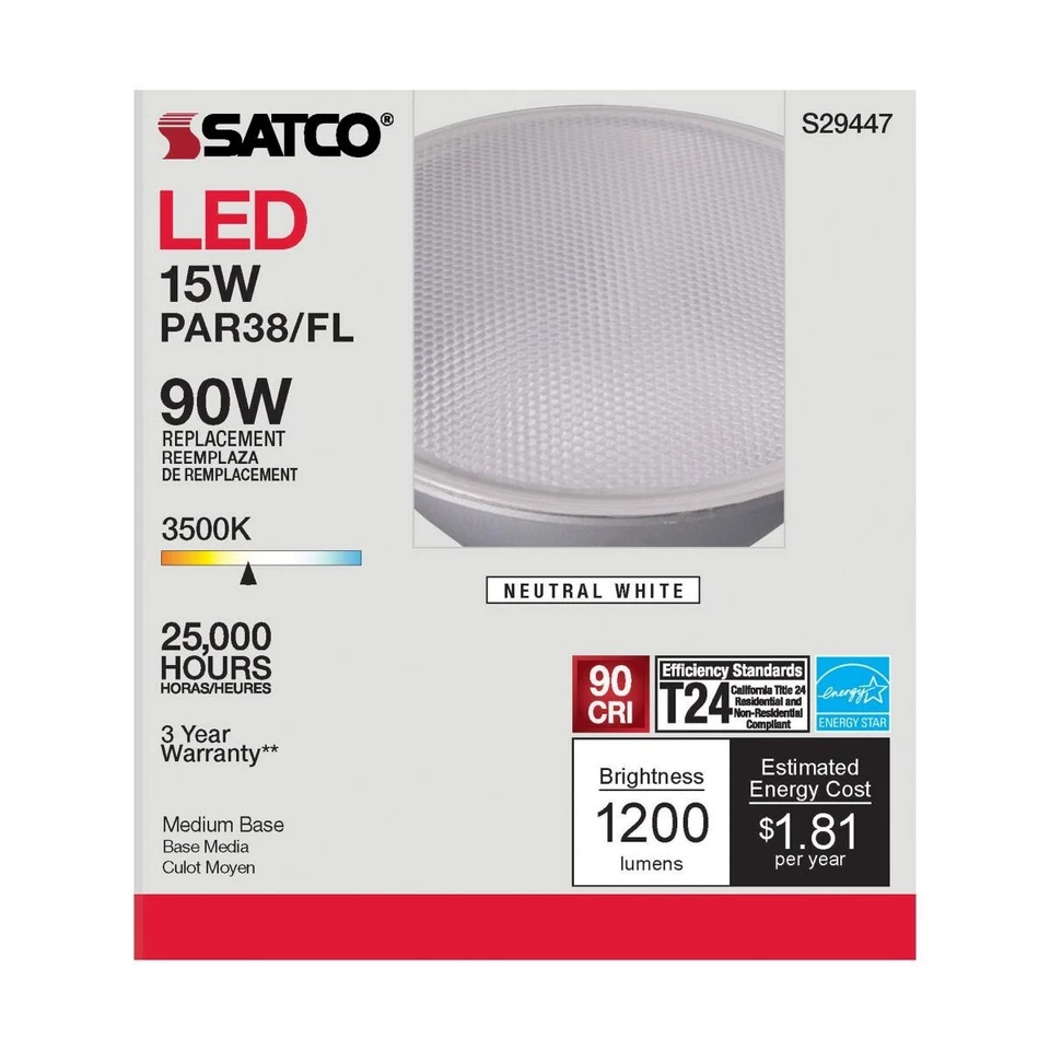 Satco S29447 - 15 Watt PAR38 LED Light Bulbs - 3500K - 6 Pack - Image 2 of 4