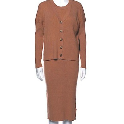 Rachel Zoe Ribbed Midi Sweater Dress Cardigan Set Size Medium Light Brown