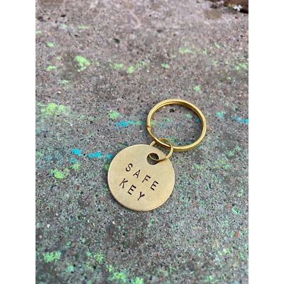 Safe Keychain Key Tag Label Hand-Stamped Gold-Colored Brass Metal Fob ID Marker