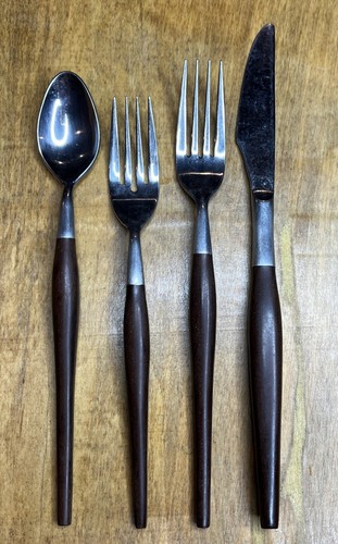 Vtg Ekco Eterna 60’s Flatware 4pc Stainless Silverware Steel Wood Handle Japan - Picture 2 of 15