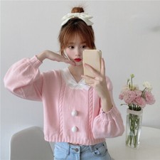 Lady Knitted Sweater Bowknot Jumper Pom Pom Top V-neck Pullover Short Tops Sweet