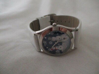 Christmas Holiday Themed Watch White Buckle Band Silver Toned Snowman Blue Face