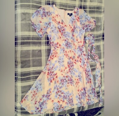DKNY Pink Purple Watercolor Floral Knot Puff Sleeve Wrap Ruffle Dress Size  6 | eBay