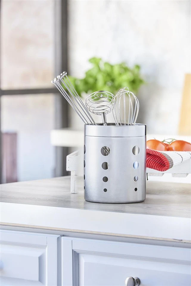 Portaposate Tondo Acciaio Inox Argento Stand di Posate Portapenne Cucina - Immagine 2 di 2