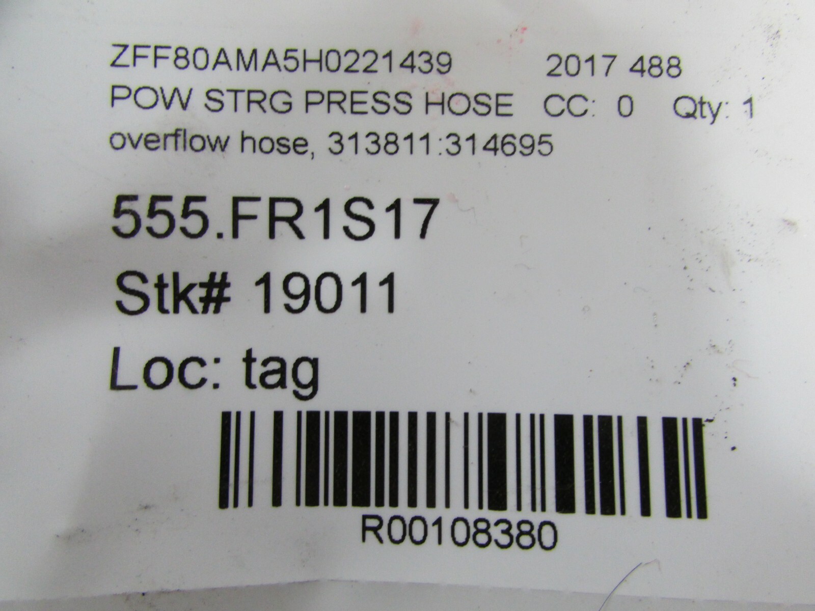 Ferrari 488, Power Steering Overflow Hose, Used, P/N 313811