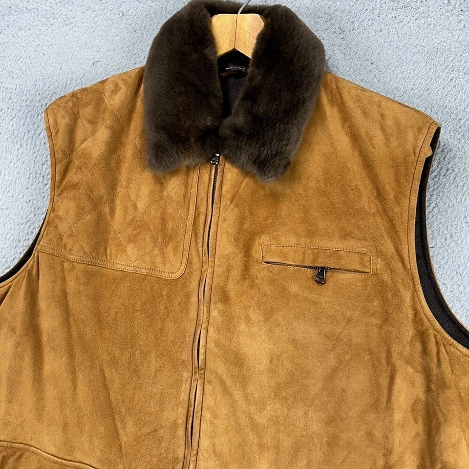 Chaleco Paul Stuart Cuero Gamuza Para Hombres 2XL Lana Coñac Color Piel Bolsillos Carga NUEVO Foto 4 de 4