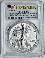 2019-W Reverse Proof $1 American Silver Eagle PCGS PR70 FS Pride of Two Nations