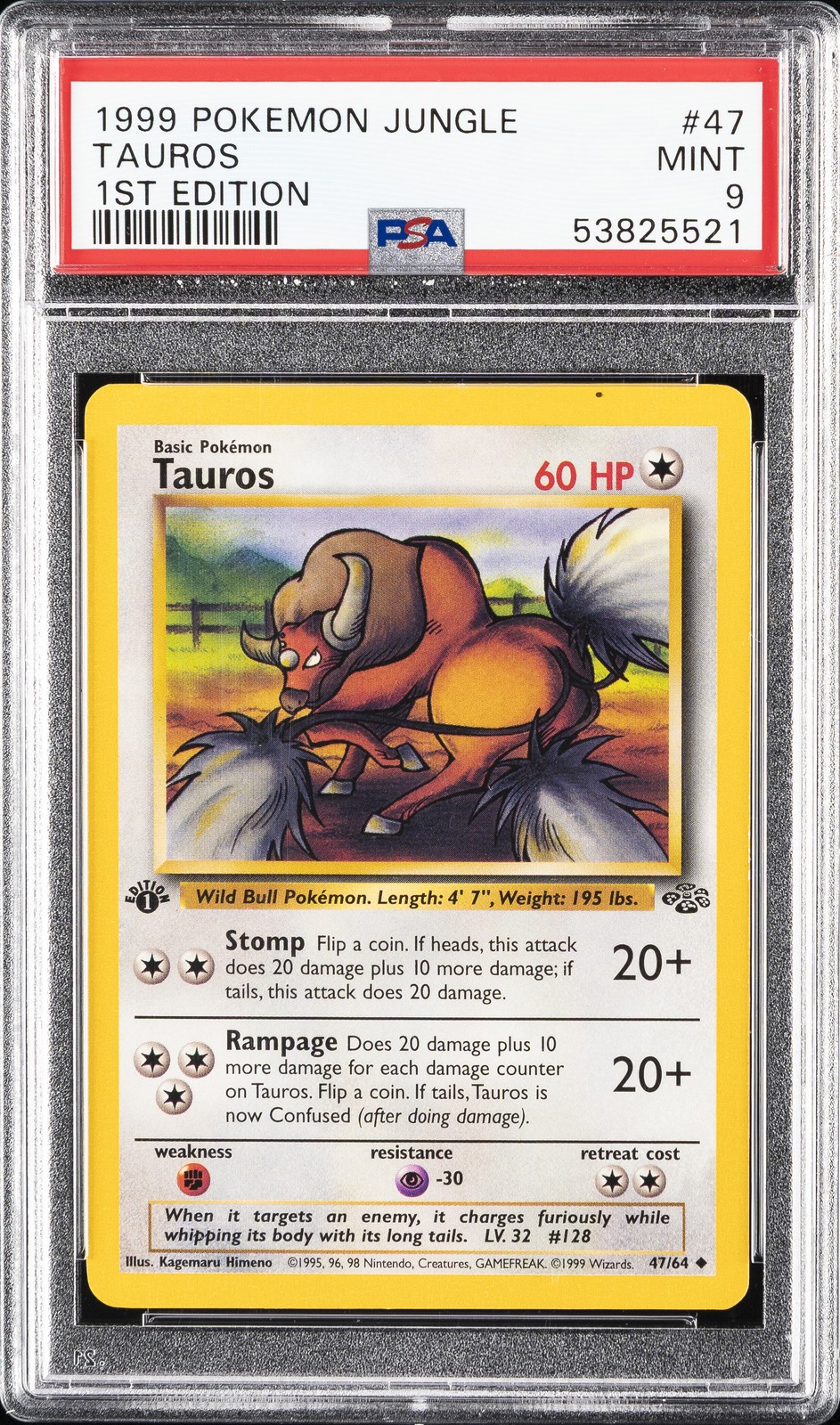 1999 POKEMON JUNGLE 1ST ED #47 TAUROS PSA 9
