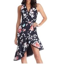 Dress The Population Bijou Floral Plunge Dress Black Tulip Hem Sleeveless Size L