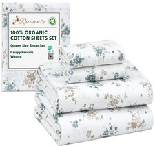 RUVANTI 100 Organic Cotton Sheets Queen Size, Percale Weave, Queen, Halcyon