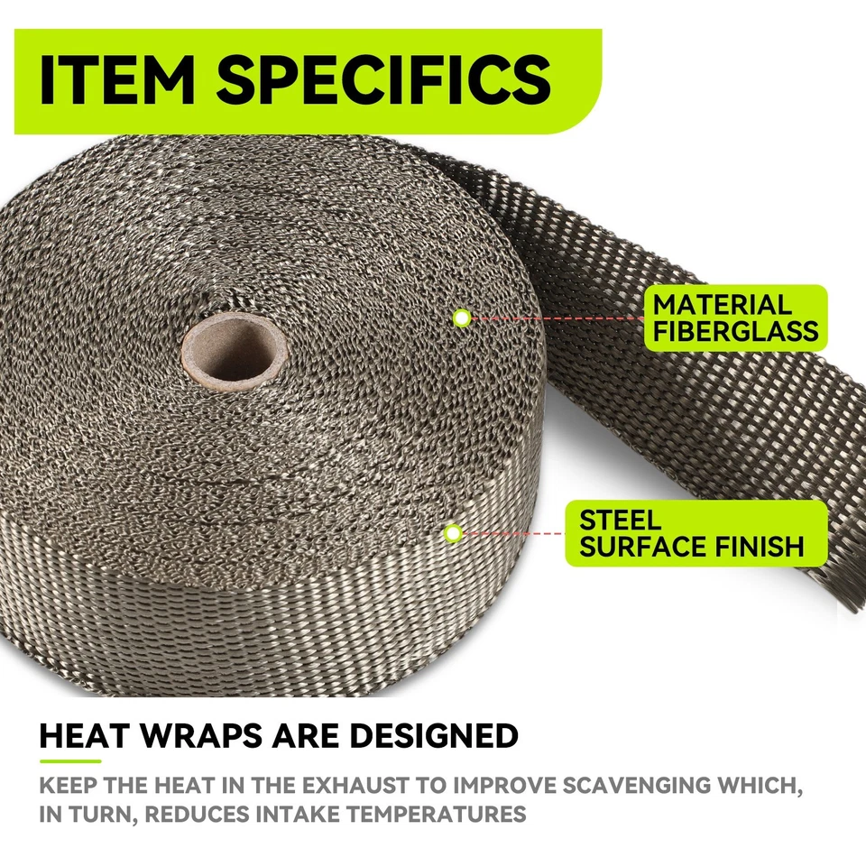 Cabezal de escape de fibra de vidrio de titanio de 2" de 50 pies envoltura térmica y lazos de acero inoxidable de 10 piezas Foto 2 de 4