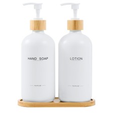 Bathroom Soap Dispenser Set Bamboo Pumps  Tray Lotion and Hand Counter Decor.