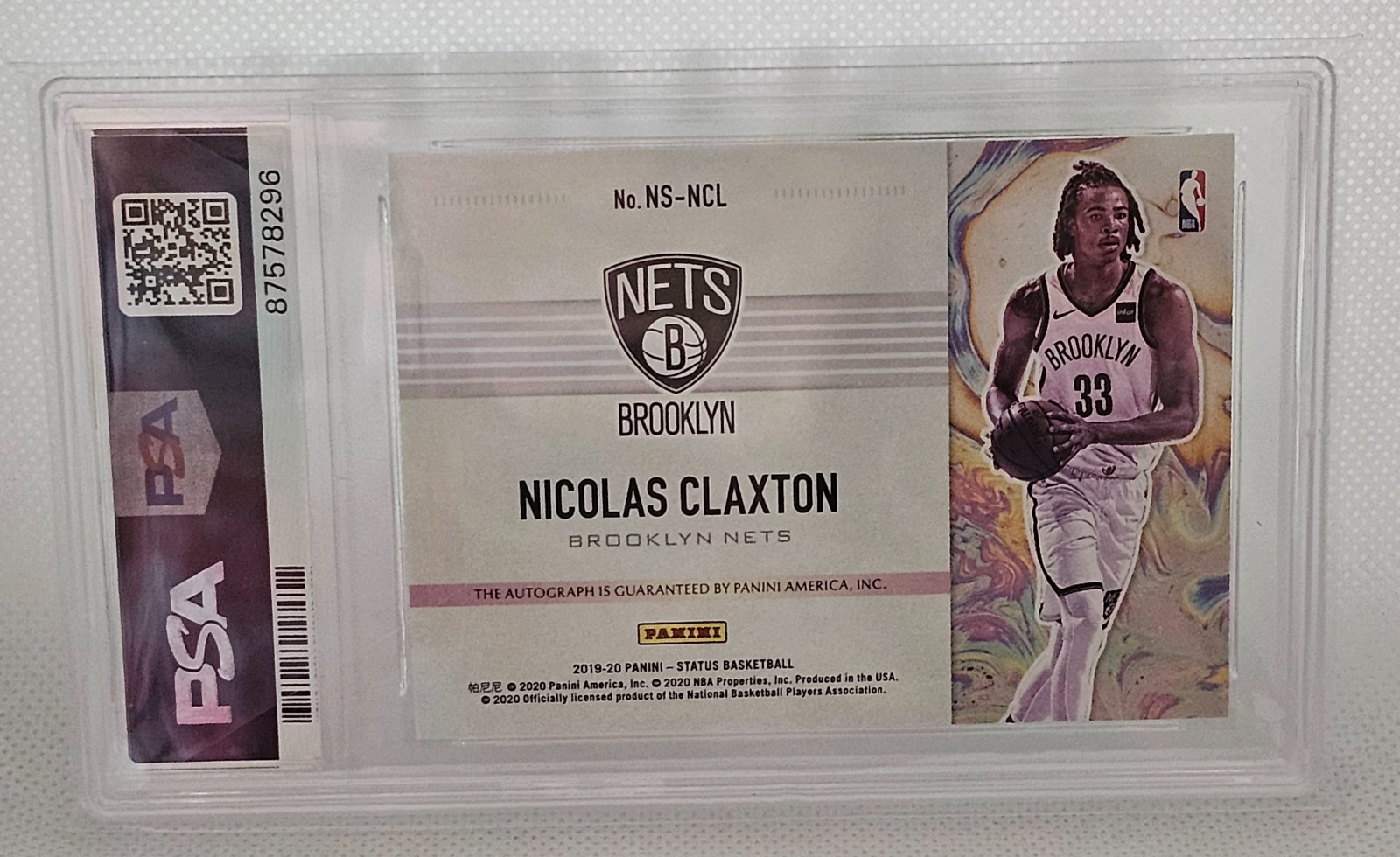 Nicolas Claxton Panini Status Newbie Rookie Auto Green Escher Squares 1/15 PSA 9 view 3