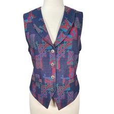 Pendleton Wool Vest Size 10 Tribal Geometric Blue Red Made USA Acetate Back Y2K