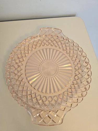 VTG Anchor Hocking Waterford Waffle Pink Depression Glass 12” X 10"  Cake Plate