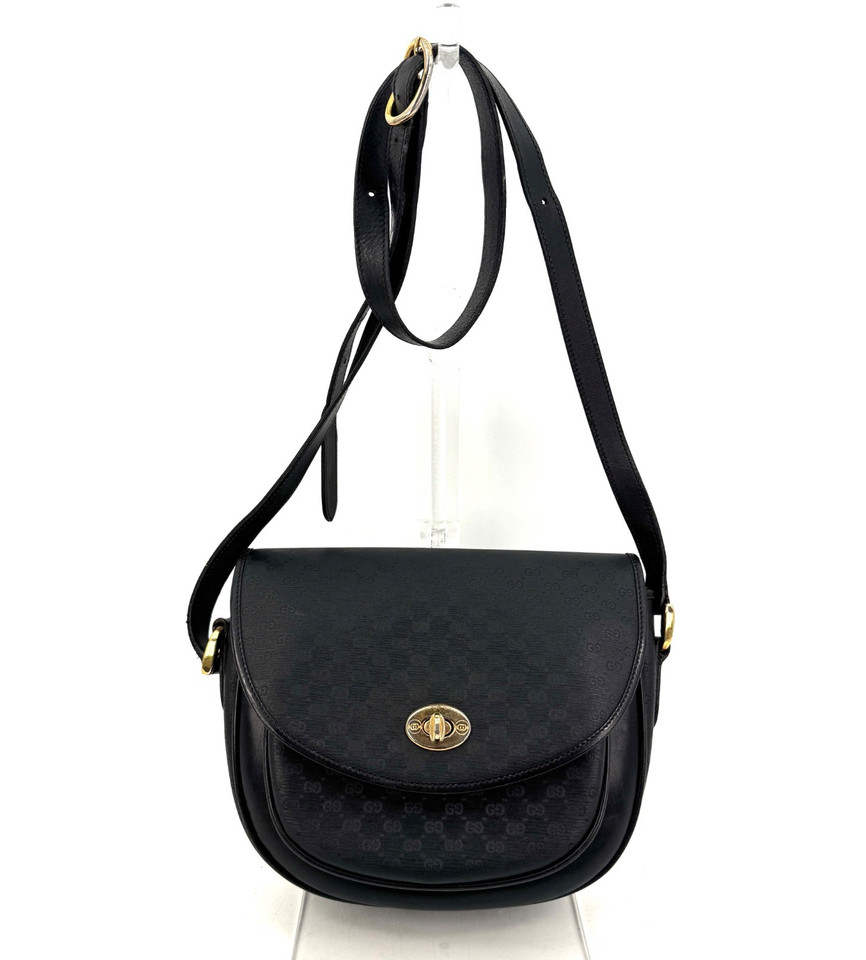 Vintage GUCCI Shoulder Bag PVC Leather Micro GG Turnlock Black Purse Authentic