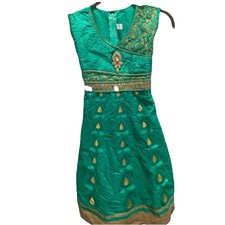Indian Pakistani Bollywood Jewel Party Dress Green Gold Size 32 Made In India