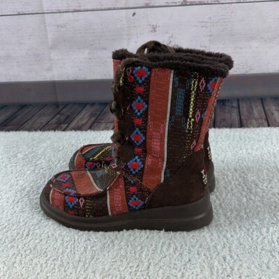 UGG Boots Womens 6 Red Brown Nordic Fair Isle Blanket Woven Fabric Faux Fur Lacy