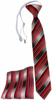 Tigertie Kinderkrawatte + Einstecktuch In Rot Anthrazit Silber Grau Gestreift