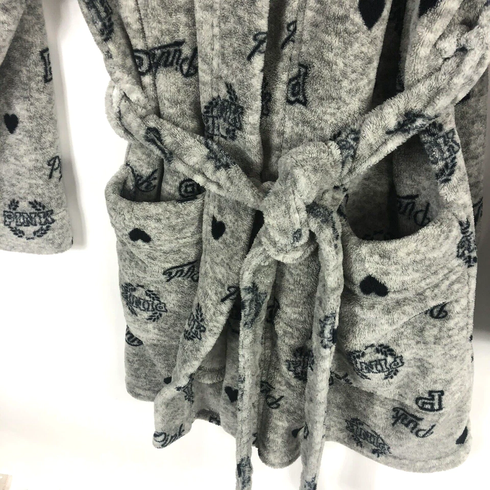 Women's PINK Gray Black Heart Design Long Sleeve Plush Robe Juniors Size XS - Image 3 of 4