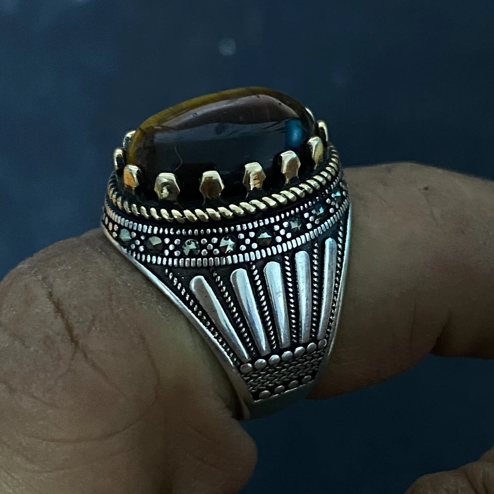 925 Sterling Silver Men's Ring Natural Tiger Eye Stone Handmade Islamic Jewelry - Image 2 of 4