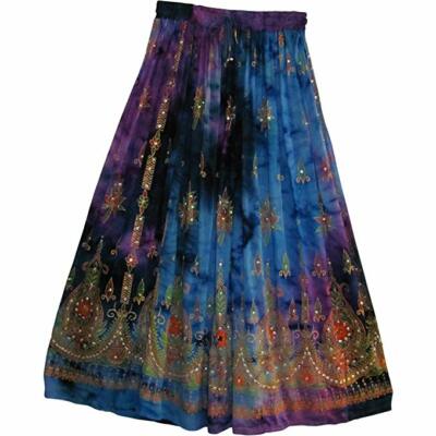 Indian Multi tie dye Yoga Women's Sequined Crinkle Broomstick Gypsy Long Skirt 