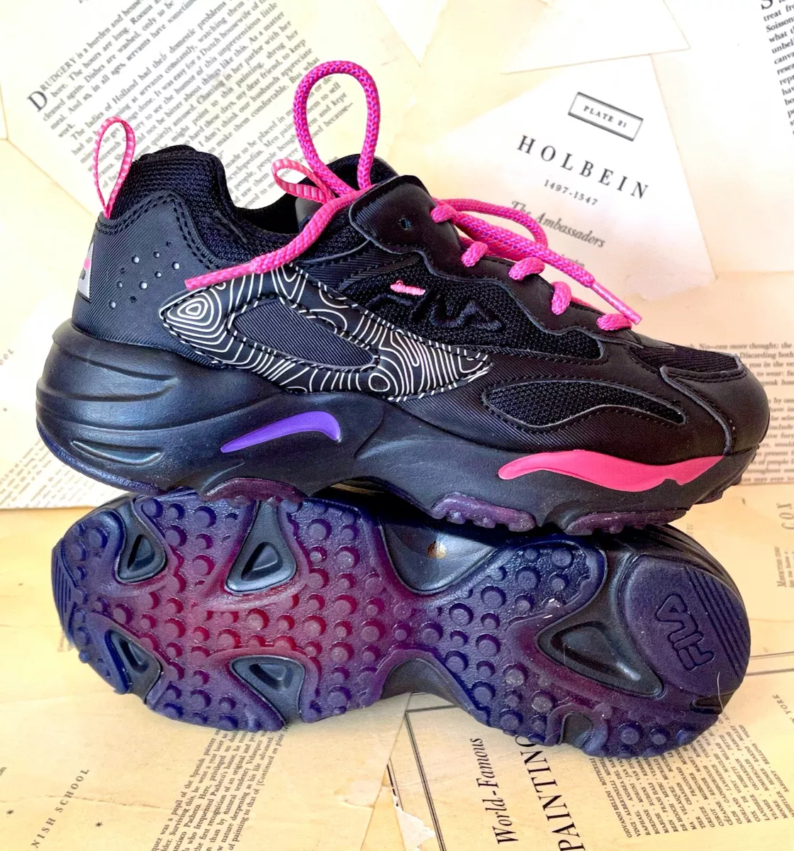 Fila Sneakers Black Leather Mesh Pink Laces Trim Rubber Sole