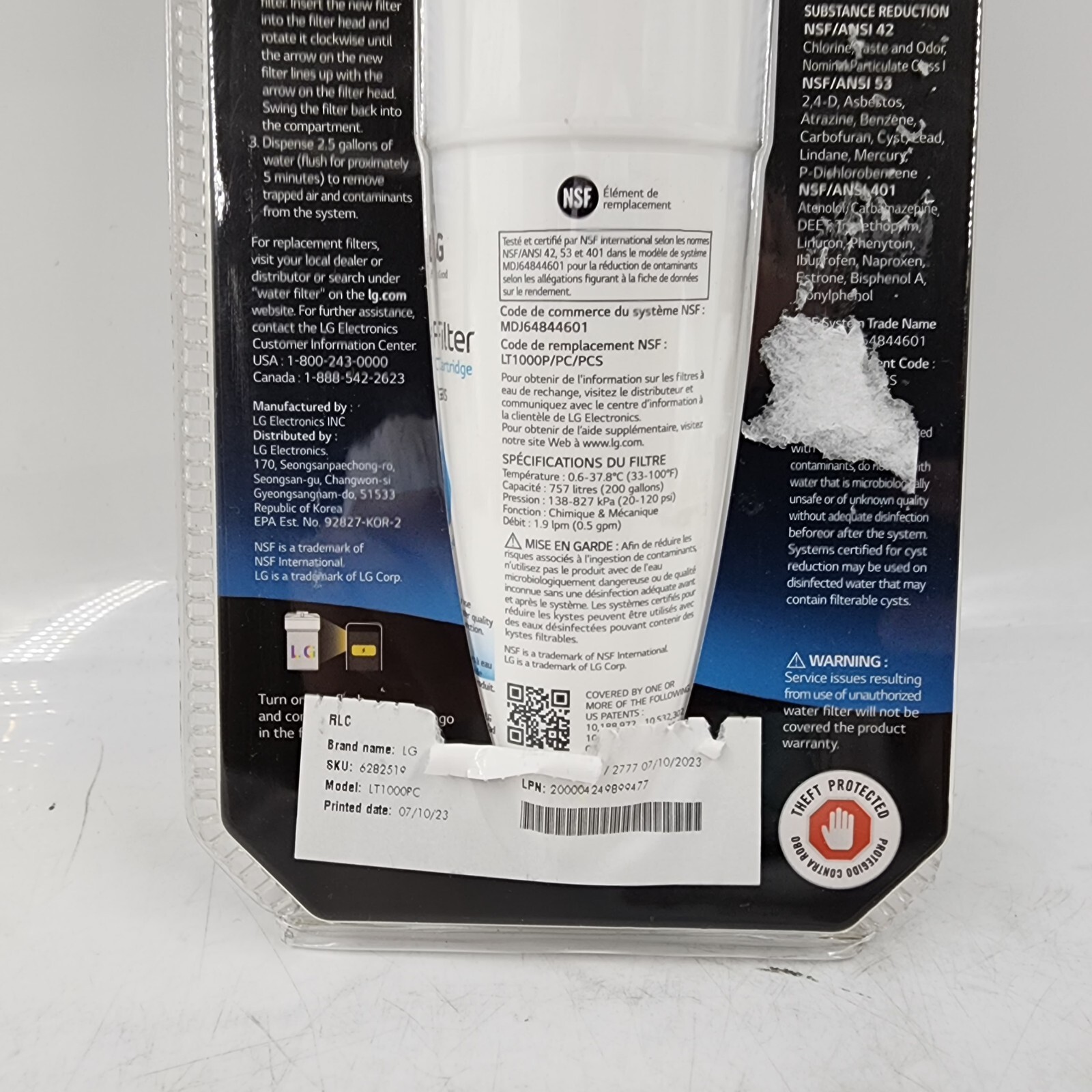 LG LT1000P Water Filter Replacement Cartridge White 1 Pack Certified by