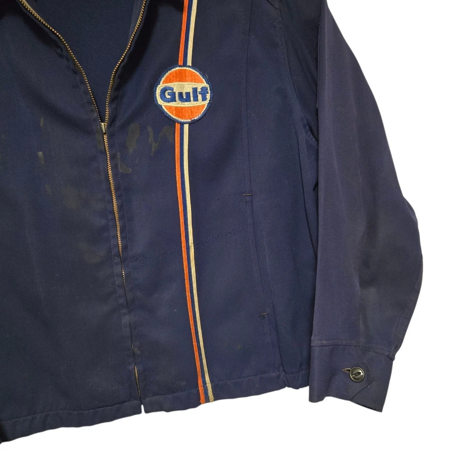 Chaqueta de trabajador Gulf Gasolinera Attendant 1970 Unitog rara talla 46 azul LEER Foto 3 de 4